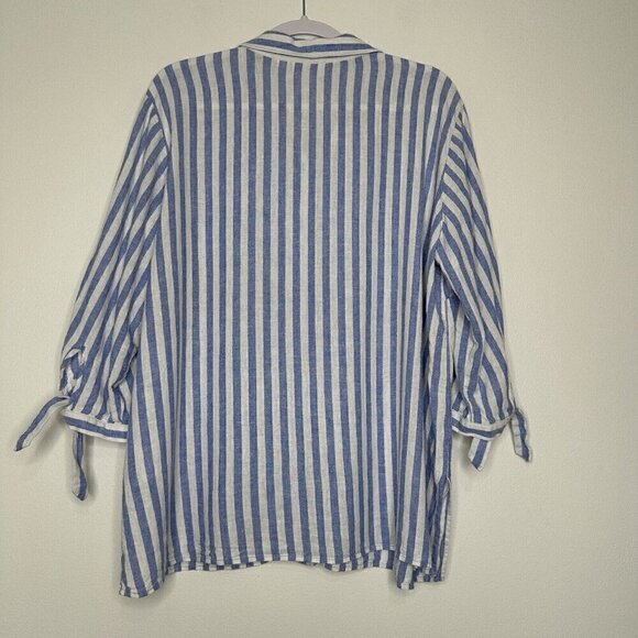 Susan Graver Linen Shirt Button up Striped Tie Sleeve XL Petite Blue White - Picture 8 of 11